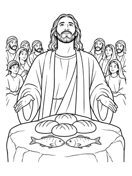 A detailed jesus miracles coloring page showing Jesus blessing bread and fish before an attentive crowd.