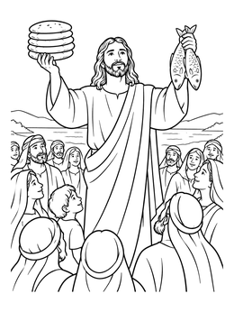 Inspiring jesus is the bread of life coloring page showing Christ blessing loaves and fishes before a crowd.