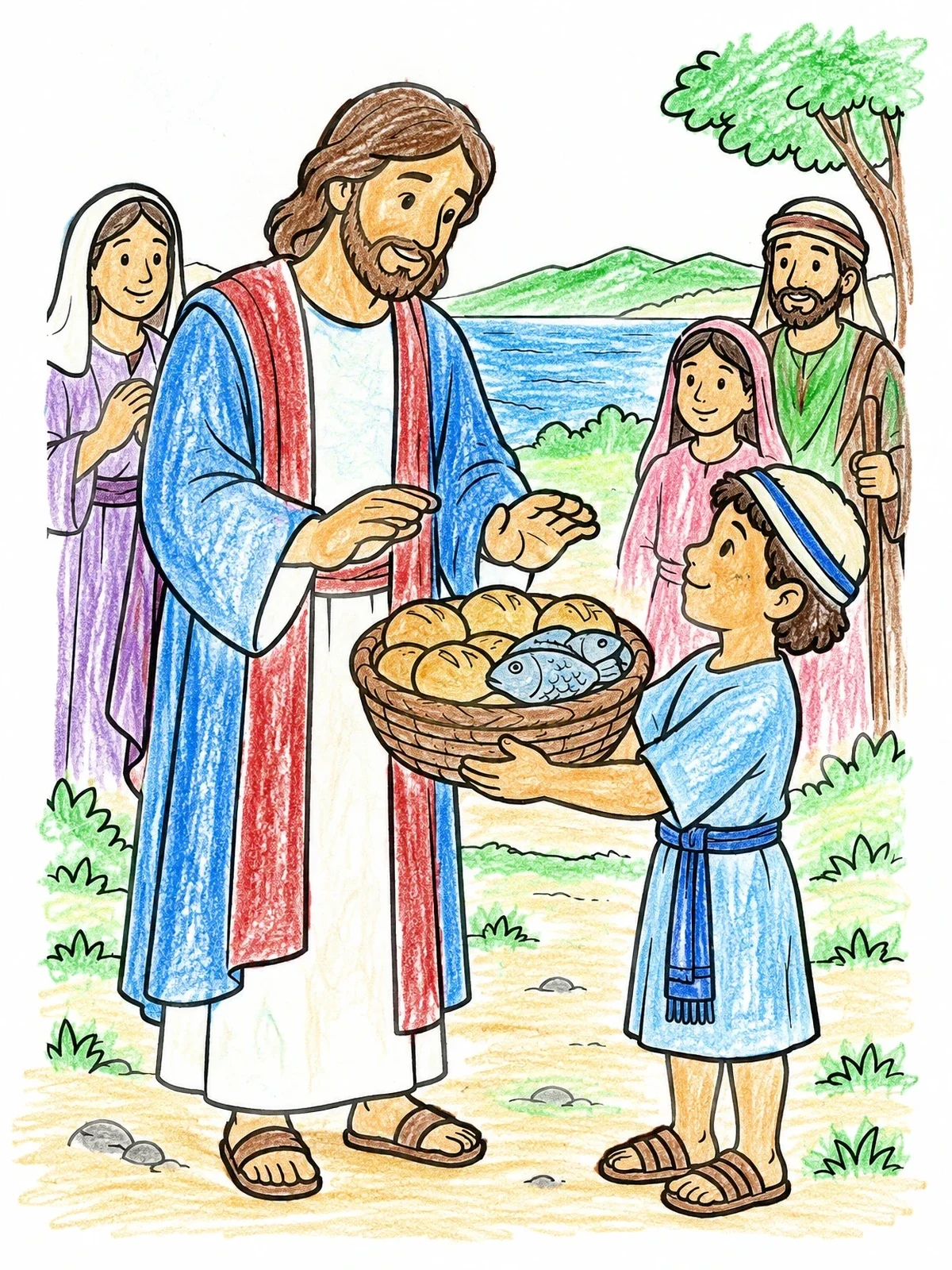 Colored example of the Jesus Blessing The Loaves And Fish coloring page