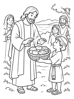 A young boy hands a basket of bread to Christ in this jesus coloring page.