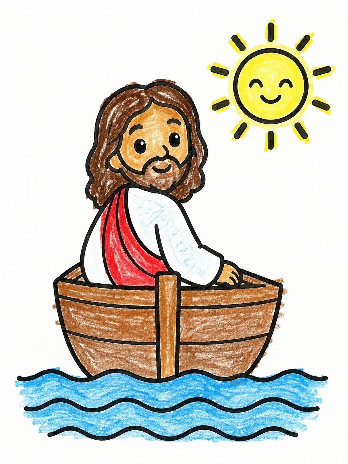Colored example of the Jesus In Boat Under Smiling Sun coloring page