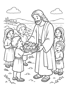 Free printable Boy Giving Bread And Fish To Jesus coloring page