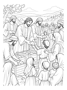Families receive food in this jesus is the bread of life coloring page by the sea.