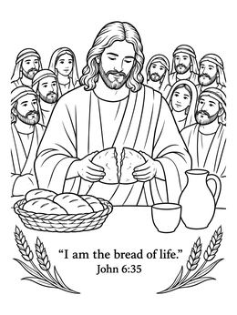 A detailed jesus is the bread of life coloring page featuring Christ breaking a loaf of bread before a gathering.