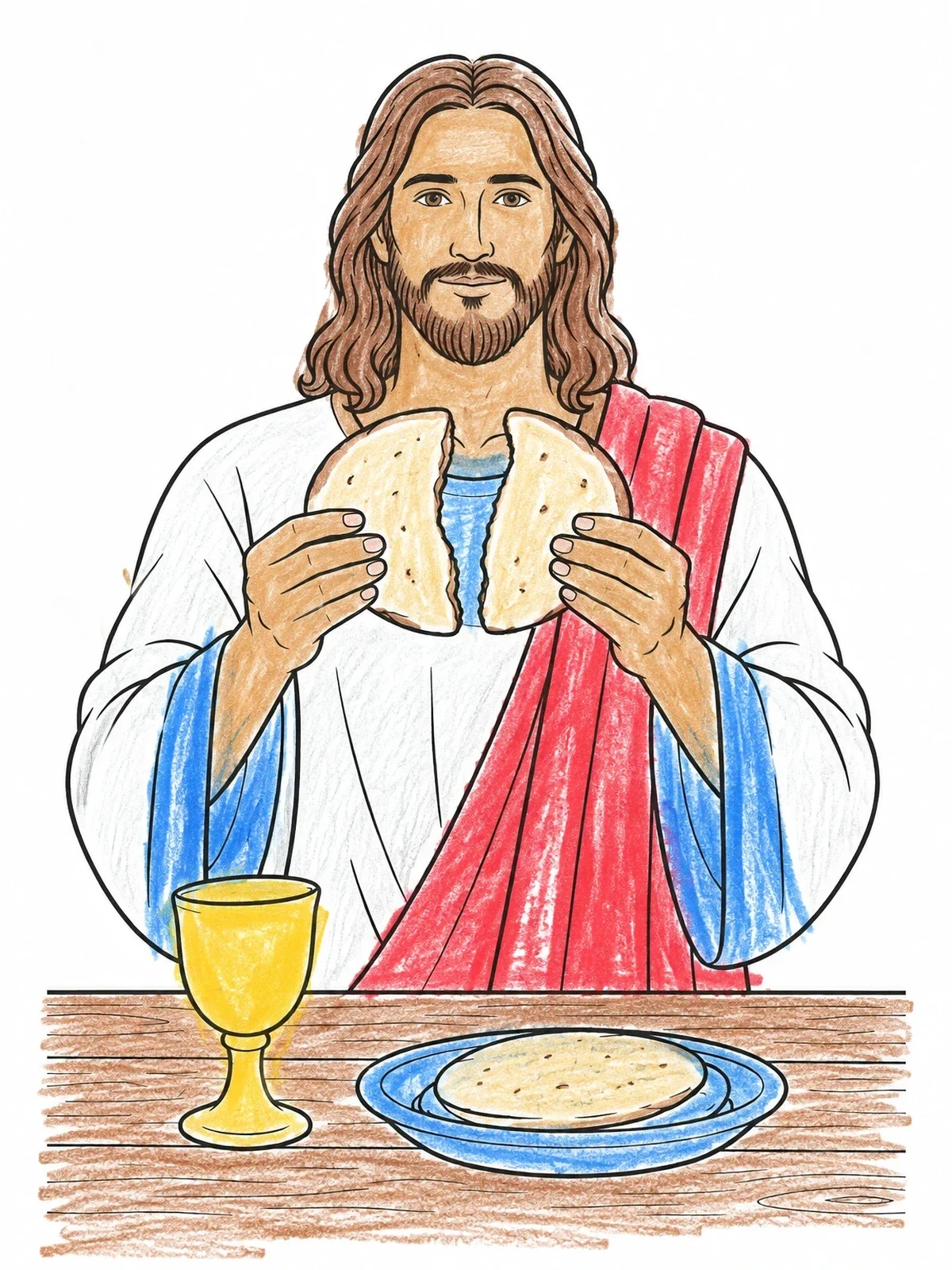 Colored example of the Jesus Breaking Bread At Table coloring page