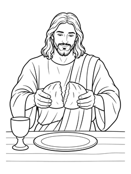 Jesus breaks a loaf of bread in this serene last supper coloring page with a chalice and plate.