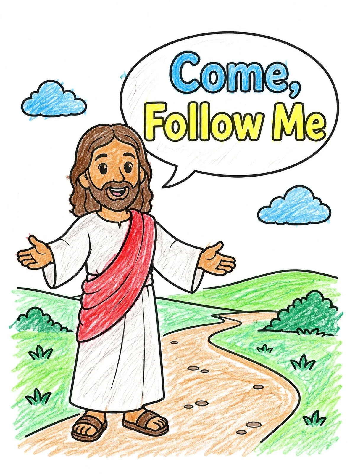 Colored example of the Jesus Welcoming Followers On Path coloring page