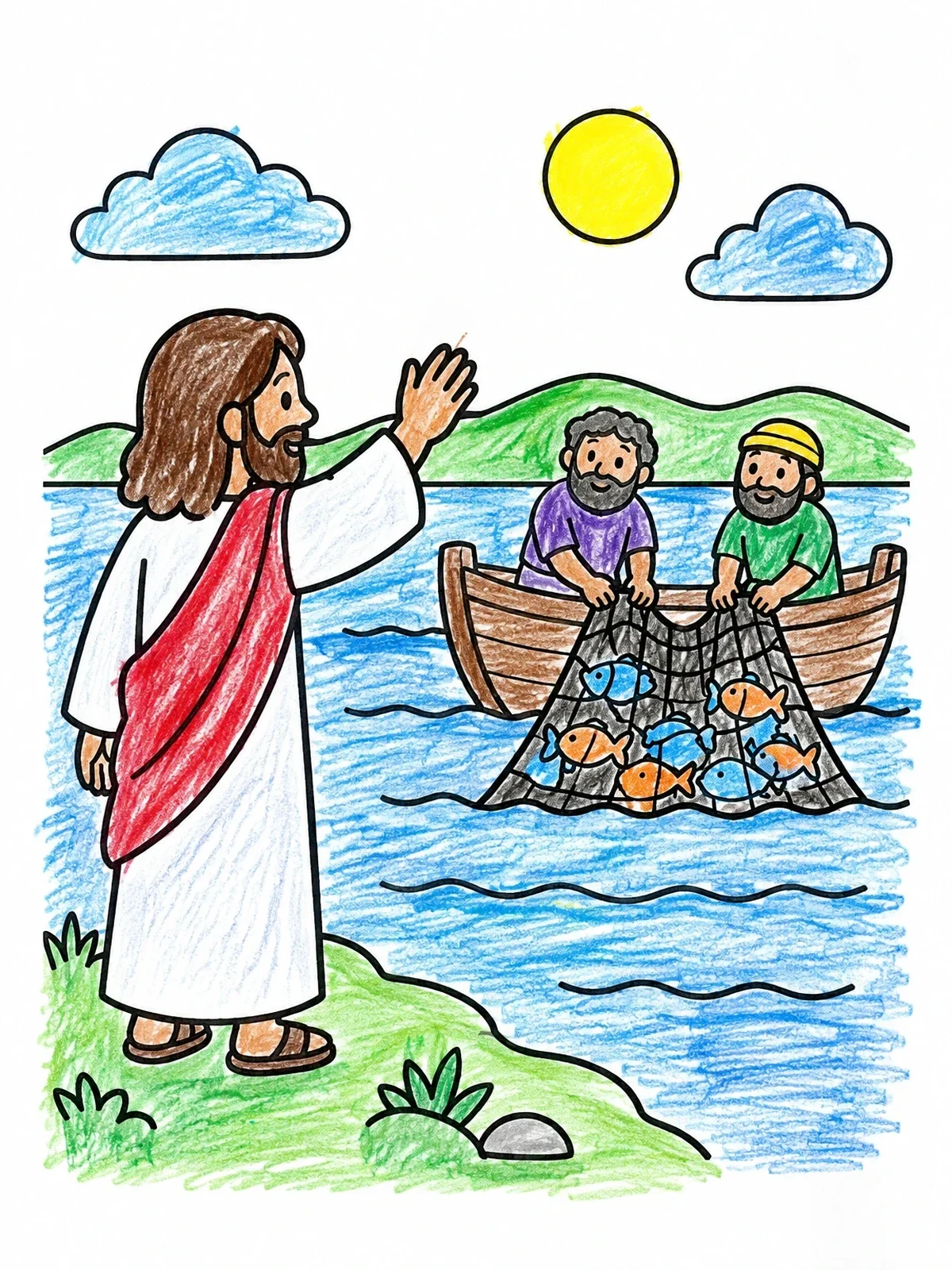 Colored example of the Jesus Calling Fishermen To Follow coloring page
