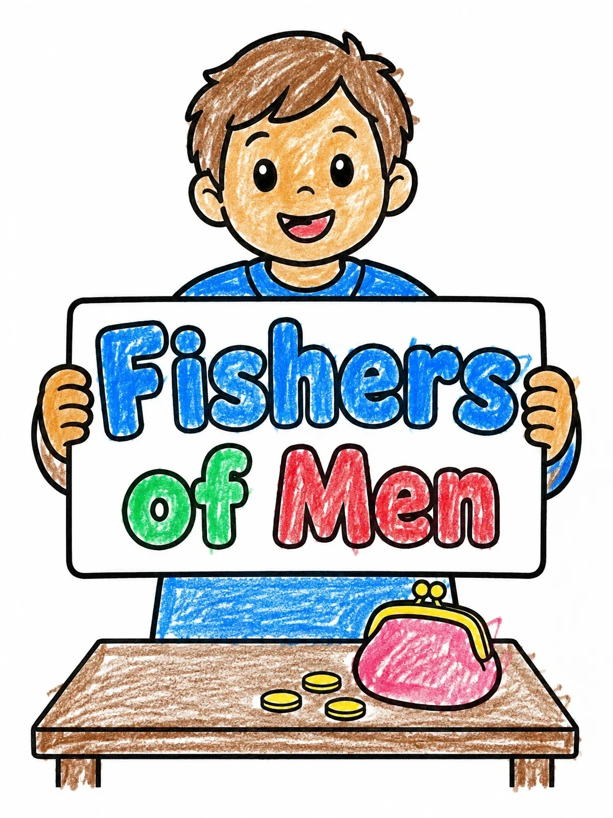Colored example of the Boy Holding Fishers Of Men Sign coloring page