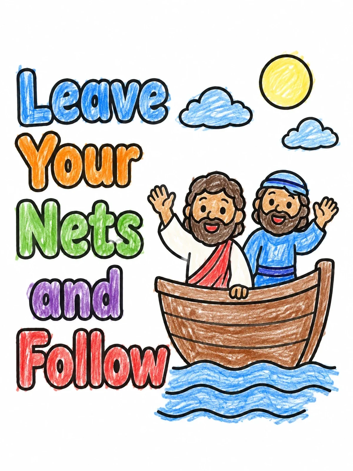 Colored example of the Disciples Waving From A Wooden Boat coloring page