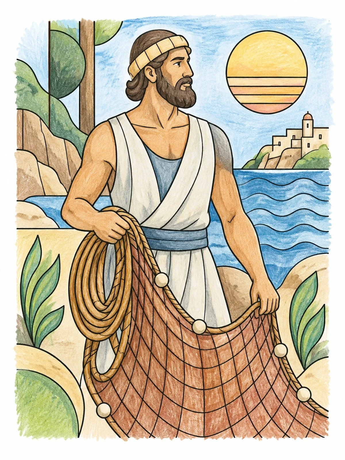 Colored example of the Fisherman Holding Net By The Sea coloring page