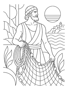 Free printable Fisherman Holding Net By The Sea coloring page