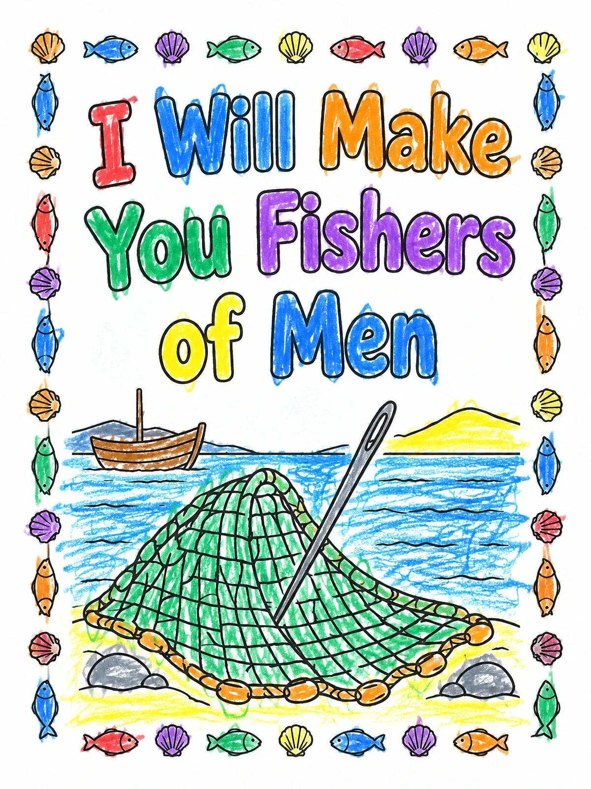 Colored example of the Fishers Of Men Net And Boat coloring page