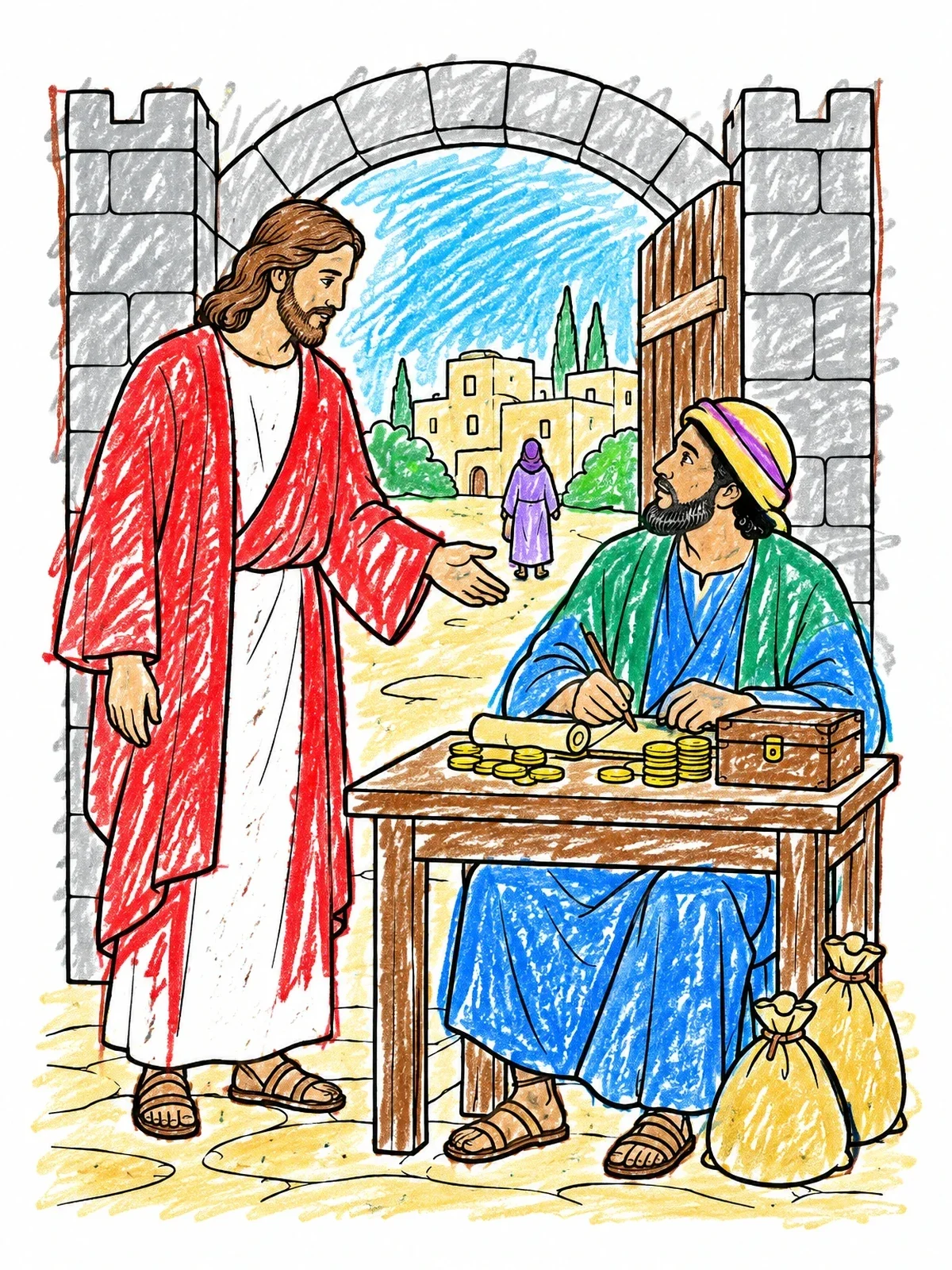 Colored example of the Jesus Calling Matthew The Tax Collector coloring page