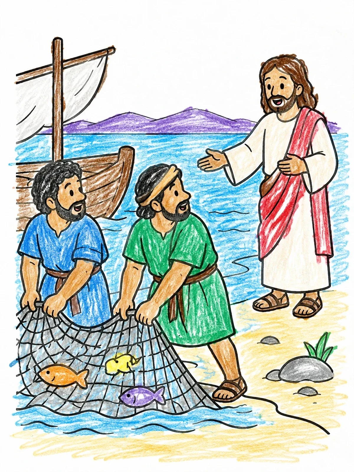 Colored example of the Jesus Calling Peter And Andrew coloring page