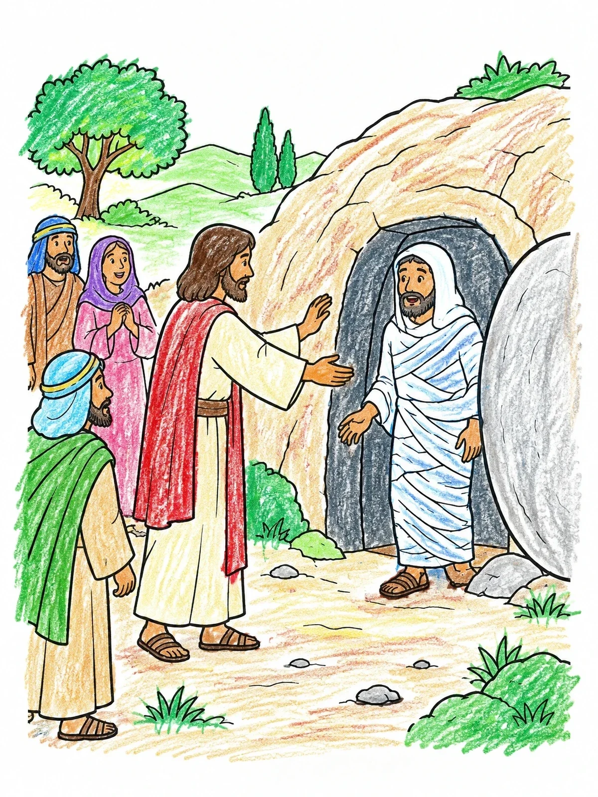 Colored example of the Jesus Calls Lazarus From The Tomb coloring page