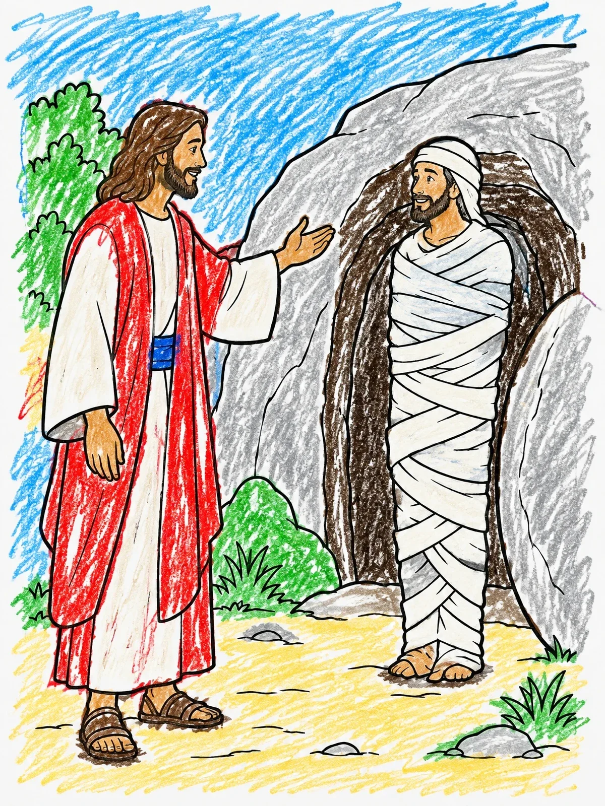 Colored example of the Jesus Calls Lazarus From The Tomb coloring page