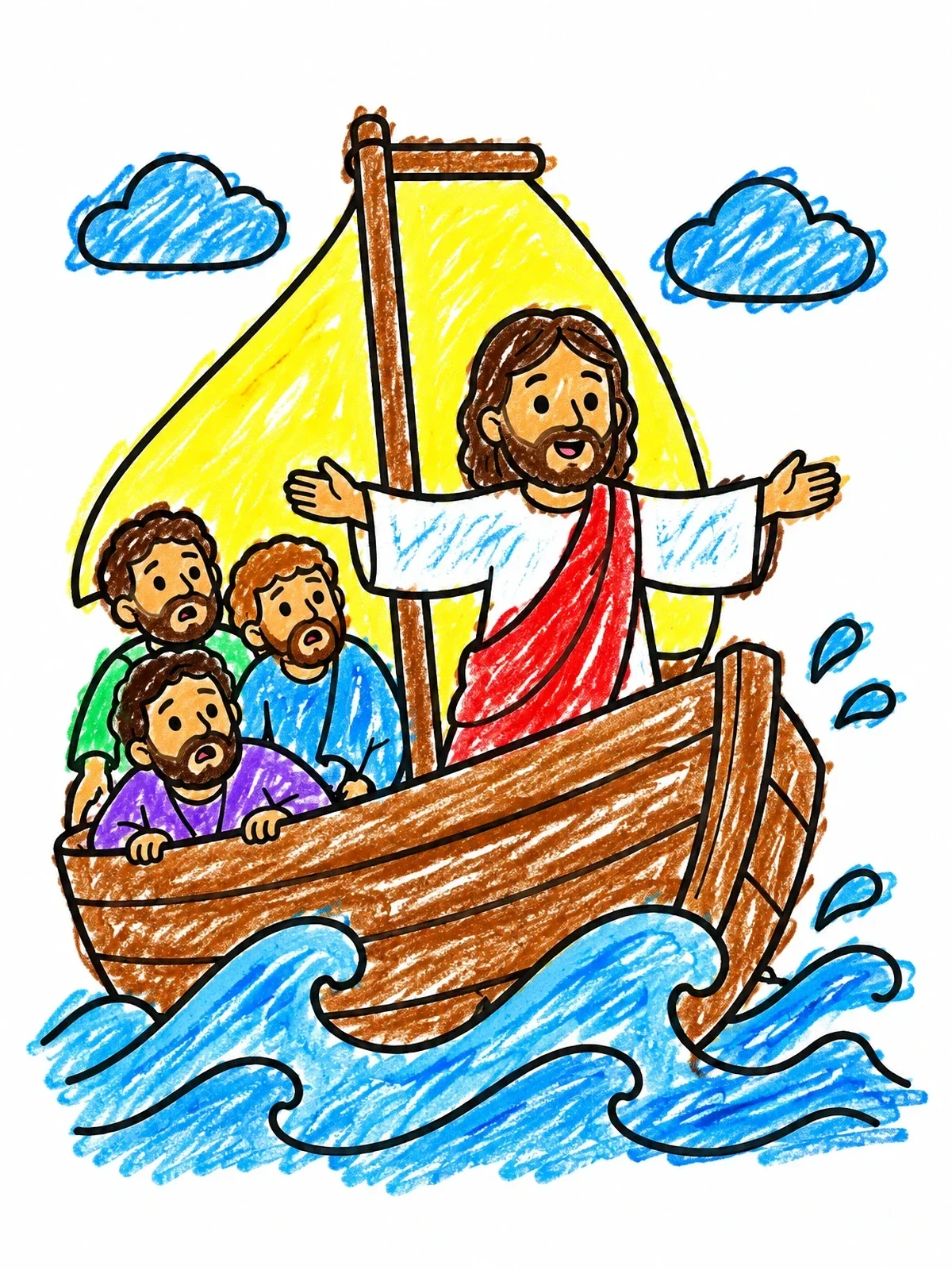 Colored example of the Jesus Calming The Storm In A Boat coloring page