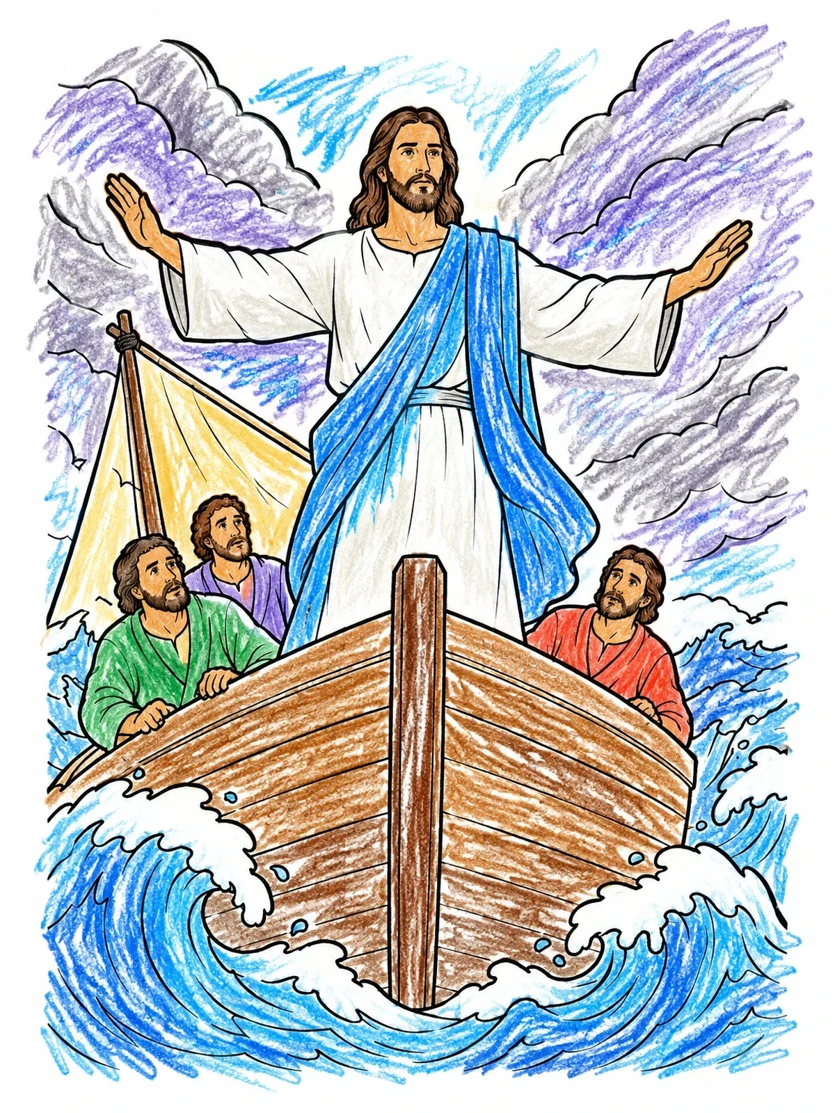 Colored example of the Jesus Calming The Storm At Sea coloring page