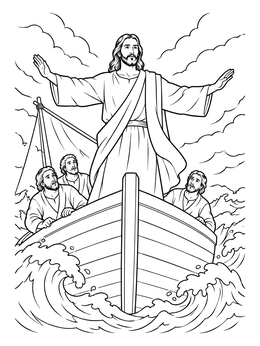 A serene jesus miracles coloring page showing Christ calming stormy waves from a wooden boat.