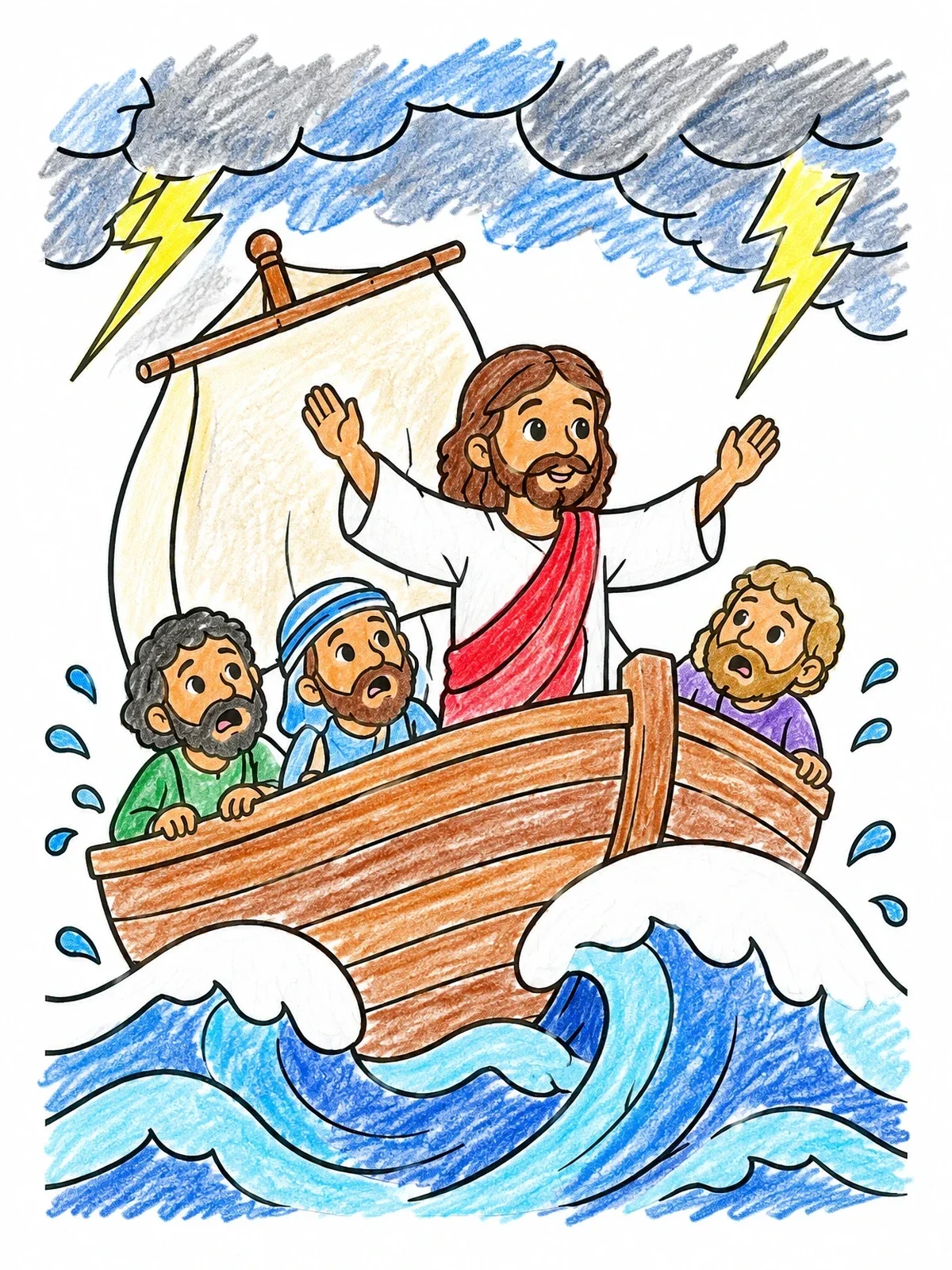 Colored example of the Jesus Calming The Storm At Sea coloring page