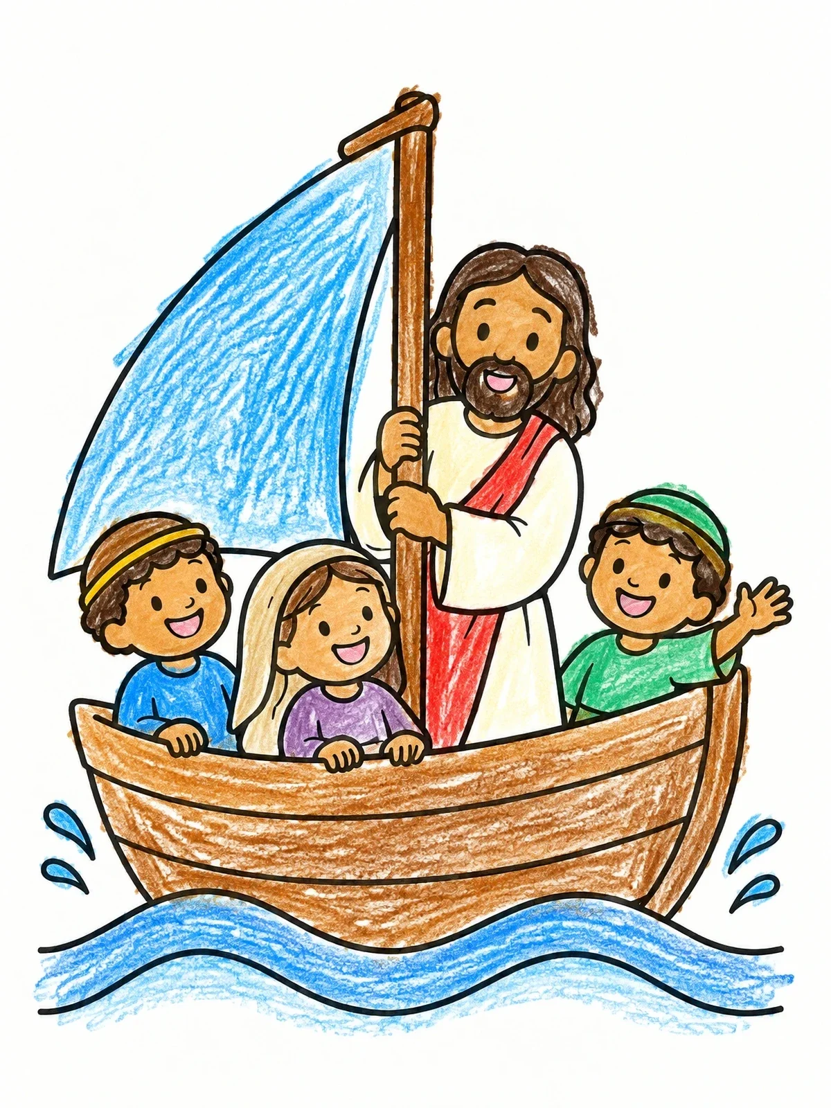 Colored example of the Jesus And Disciples In A Boat coloring page