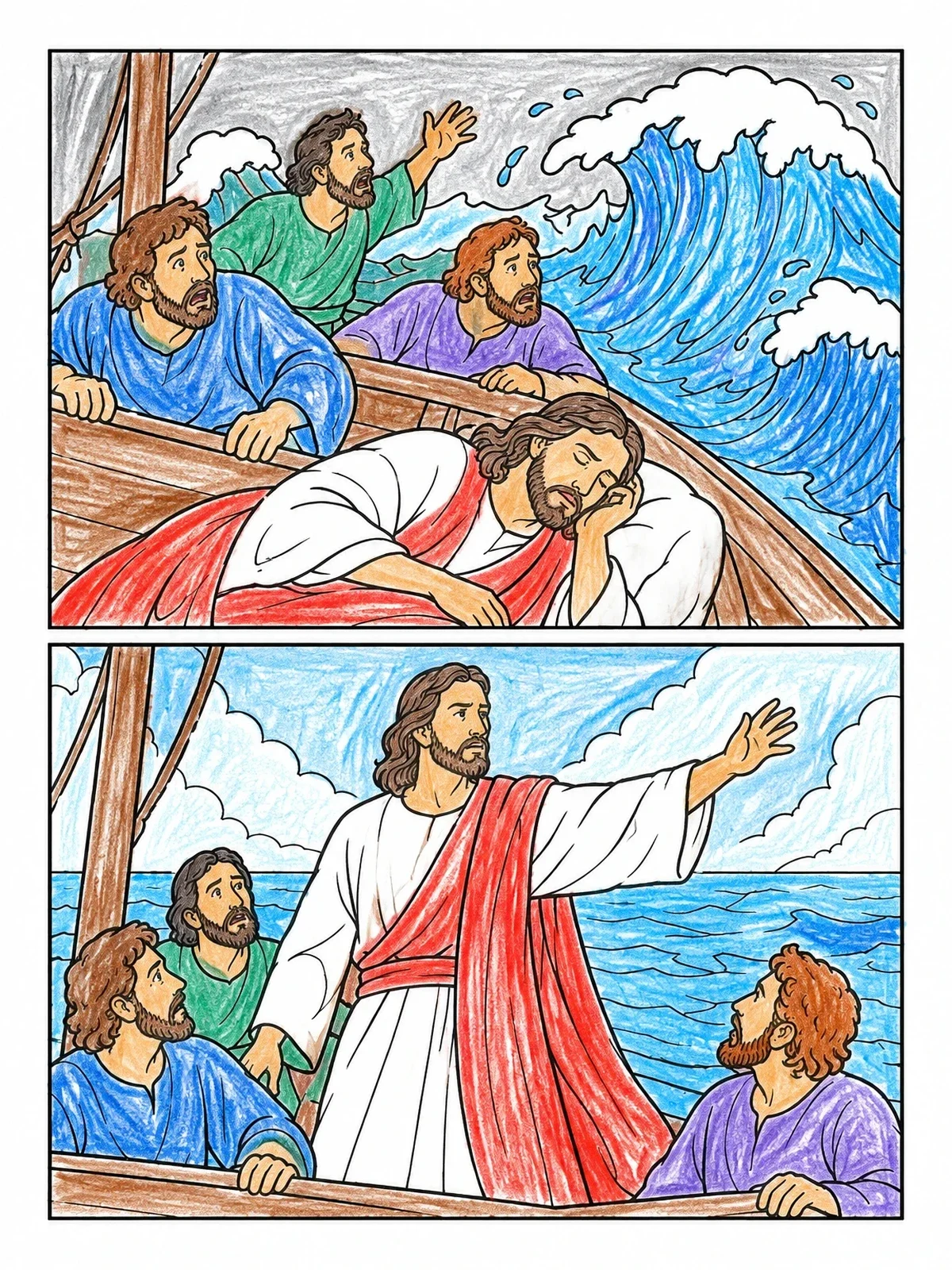 Colored example of the Jesus Calms The Sea Panels coloring page