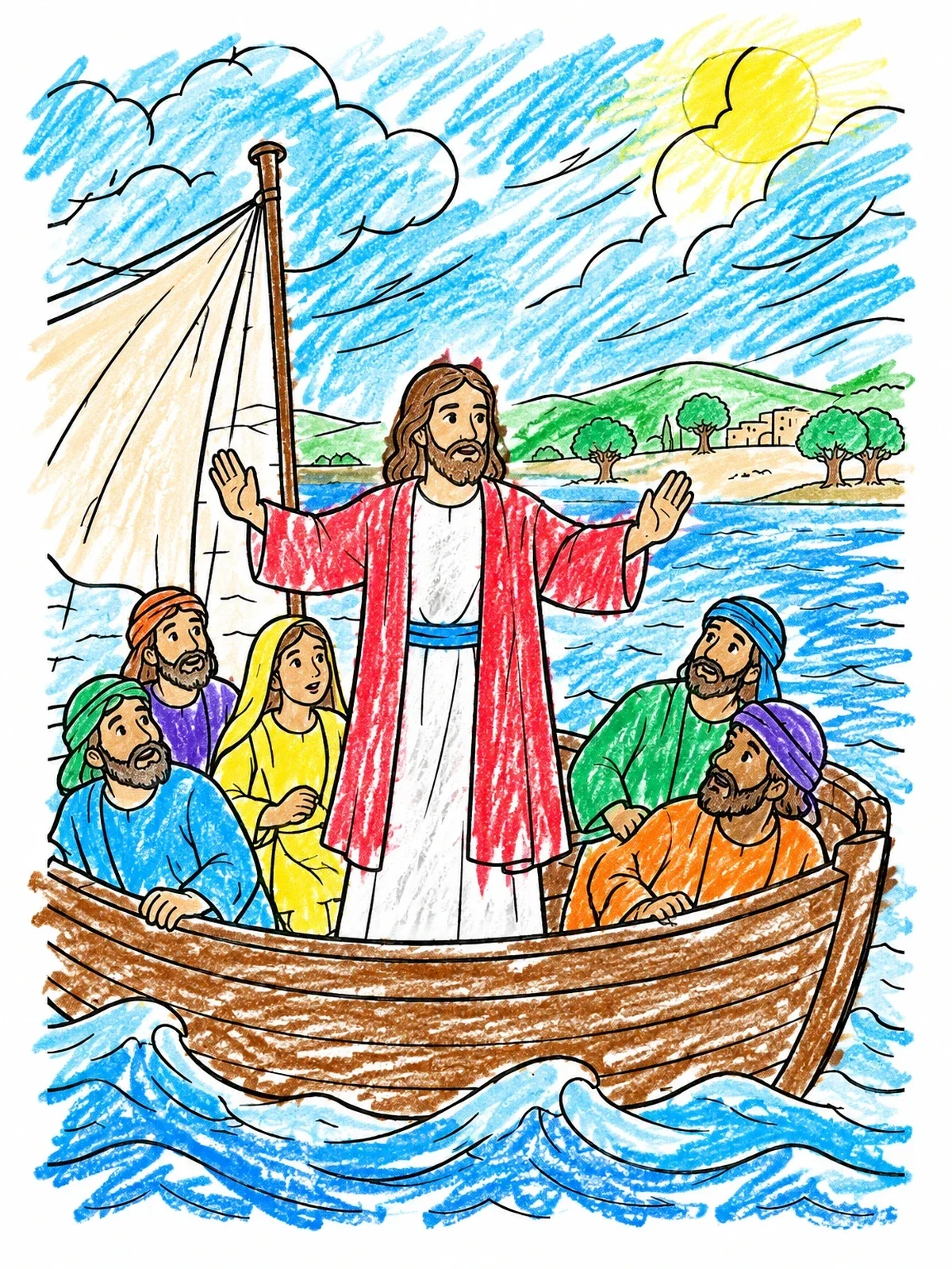 Colored example of the Jesus Calming The Storm At Sea coloring page
