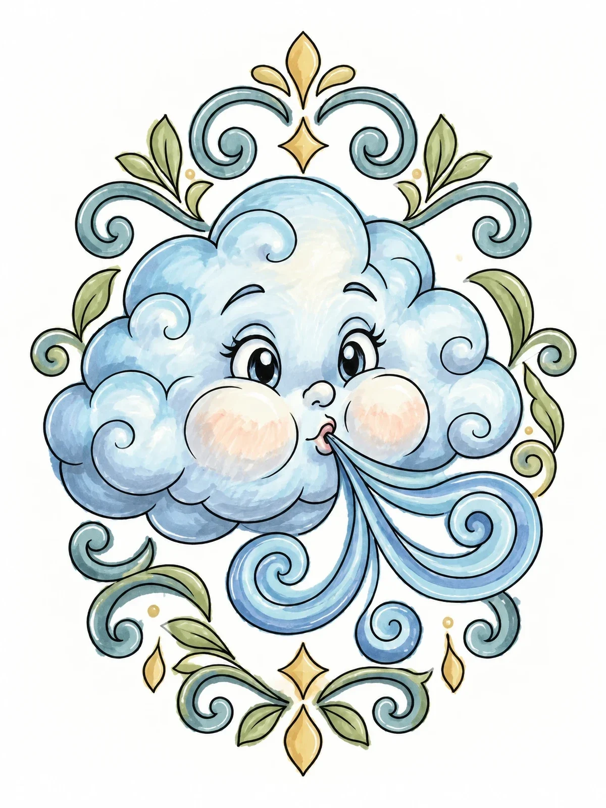 Colored example of the Blowing Wind Cloud With Ornate Border coloring page