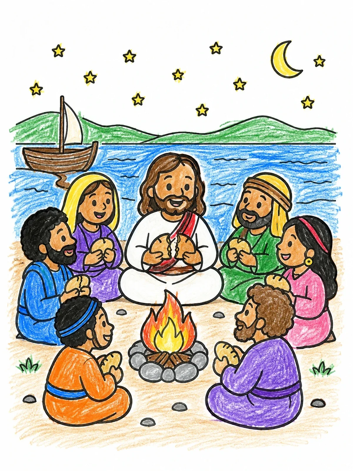 Colored example of the Jesus Breaking Bread Around Campfire coloring page