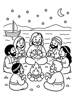 Free printable Jesus Breaking Bread Around Campfire coloring page