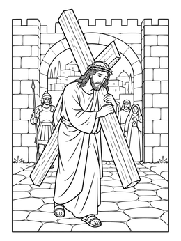 Detailed cross coloring page showing Jesus carrying the wooden cross through city gates.