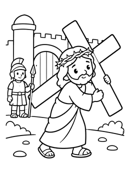 Jesus carrying a heavy cross coloring page outside city walls with a soldier.