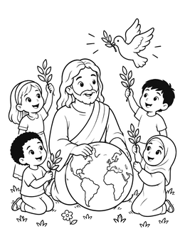 Free printable Jesus With Children And Peace Dove coloring page