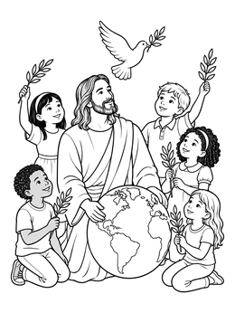 A peaceful scene in this jesus loves the children coloring page with a dove and globe.
