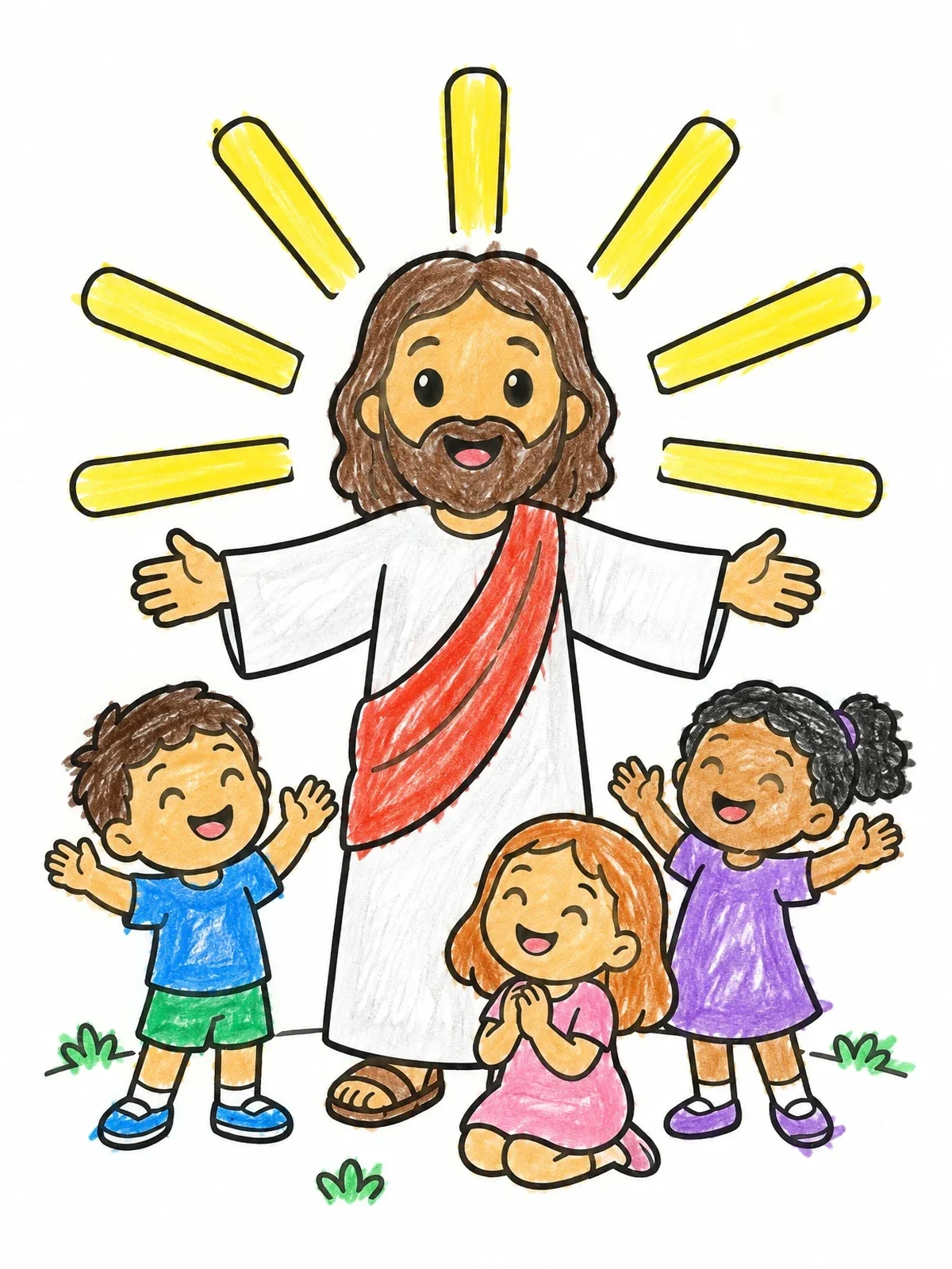 Colored example of the Jesus Welcoming Children In Sunbeams coloring page
