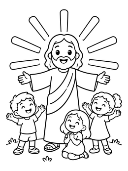 Free printable Jesus Welcoming Children In Sunbeams coloring page