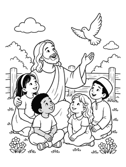 Free printable Jesus And Children Watching A Flying Dove coloring page