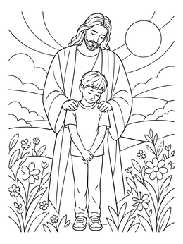 A peaceful scene with a jesus loves the children coloring page showing Christ comforting a young boy.