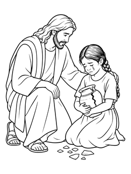 A touching scene of Jesus comforting a sad girl with a broken jar on this jesus loves the children coloring page.