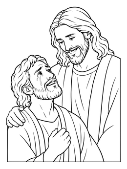 A doubting thomas coloring page showing Thomas looking up at Jesus with tears of relief.