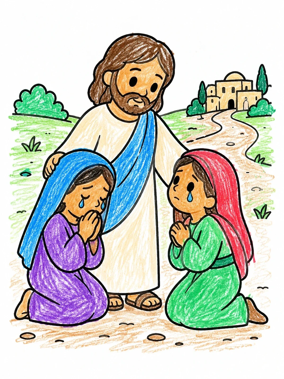 Colored example of the Jesus Comforting Mary And Martha coloring page