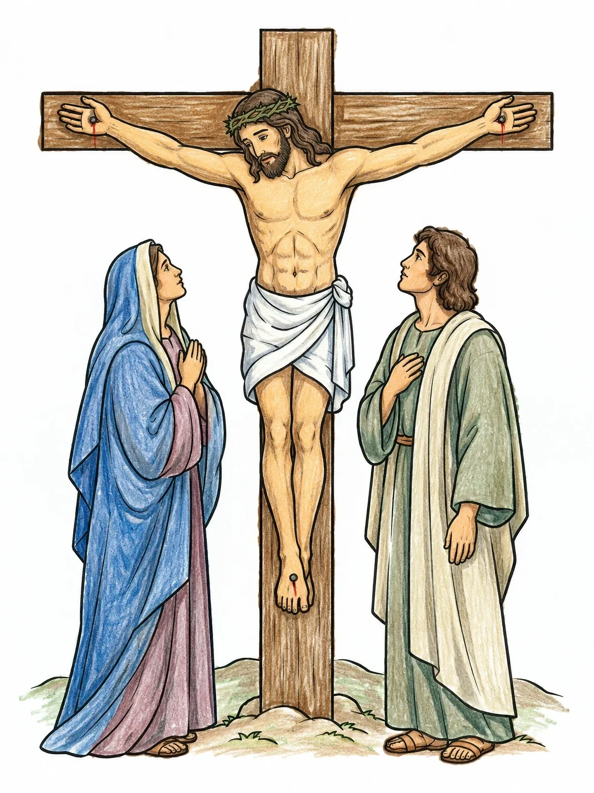 Colored example of the Jesus On The Cross With Mary And John coloring page