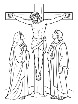 A solemn jesus coloring page showing the crucifixion with Mary and John standing by.