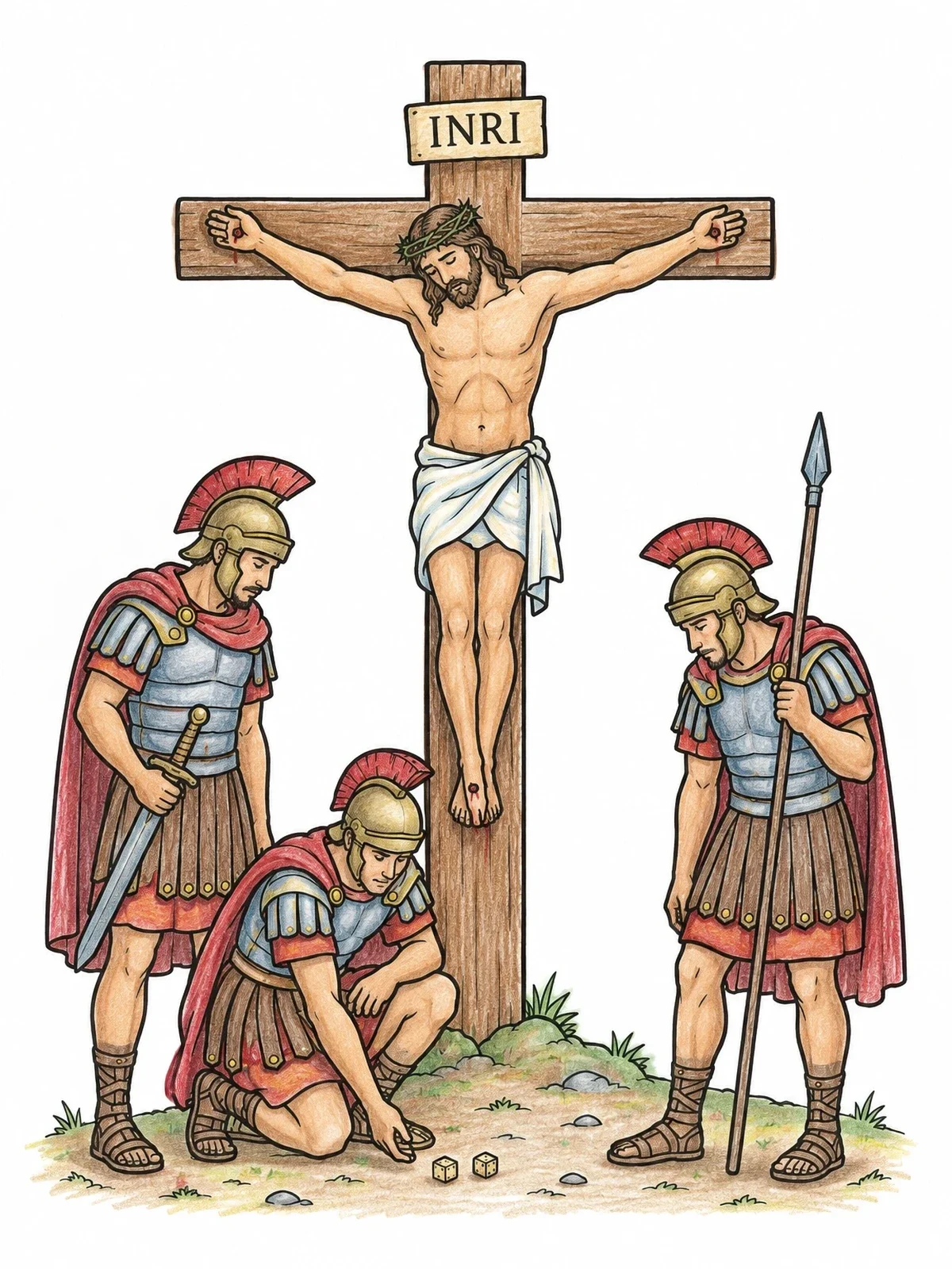 Colored example of the Crucifixion With Roman Soldiers Casting Lots coloring page