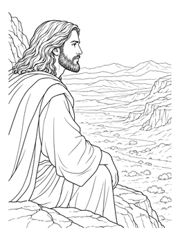A serene jesus coloring page showing him sitting atop a cliff overlooking a vast desert landscape.