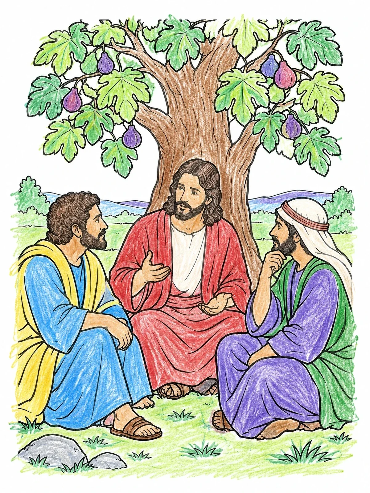 Colored example of the Jesus And Disciples Beneath The Fig Tree coloring page