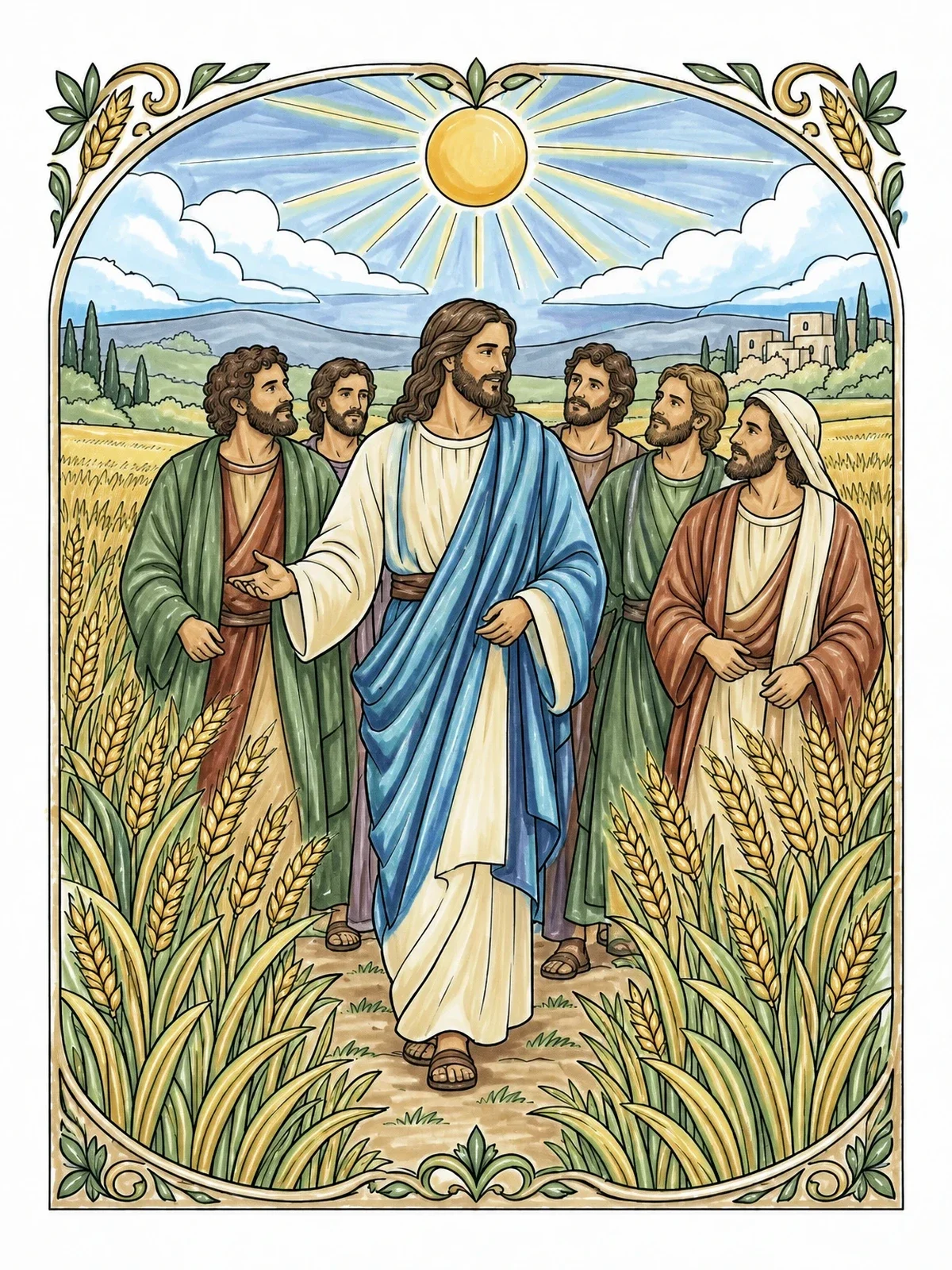 Colored example of the Jesus Walking Through The Grainfield coloring page