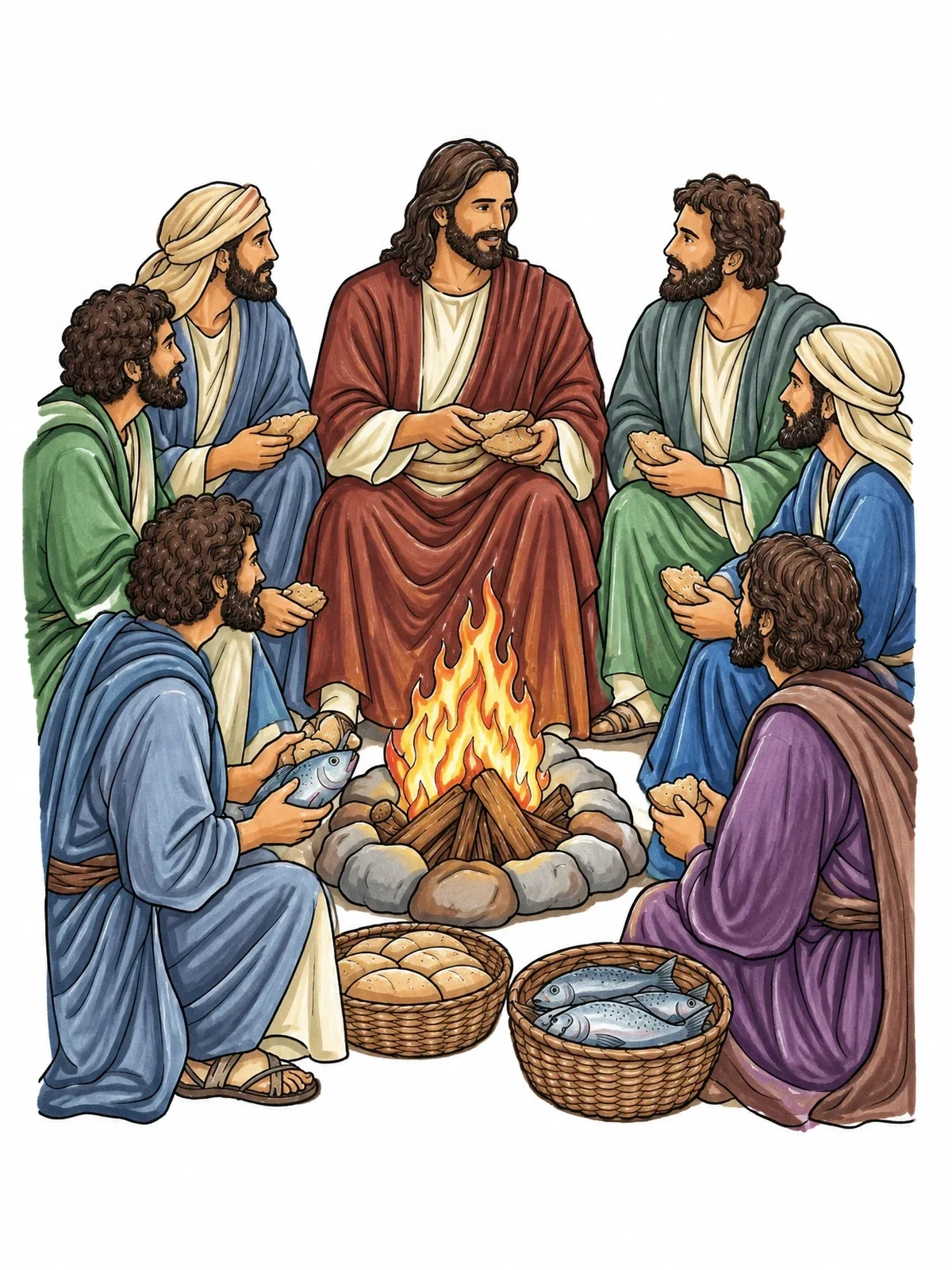 Colored example of the Jesus And Disciples Around The Campfire coloring page