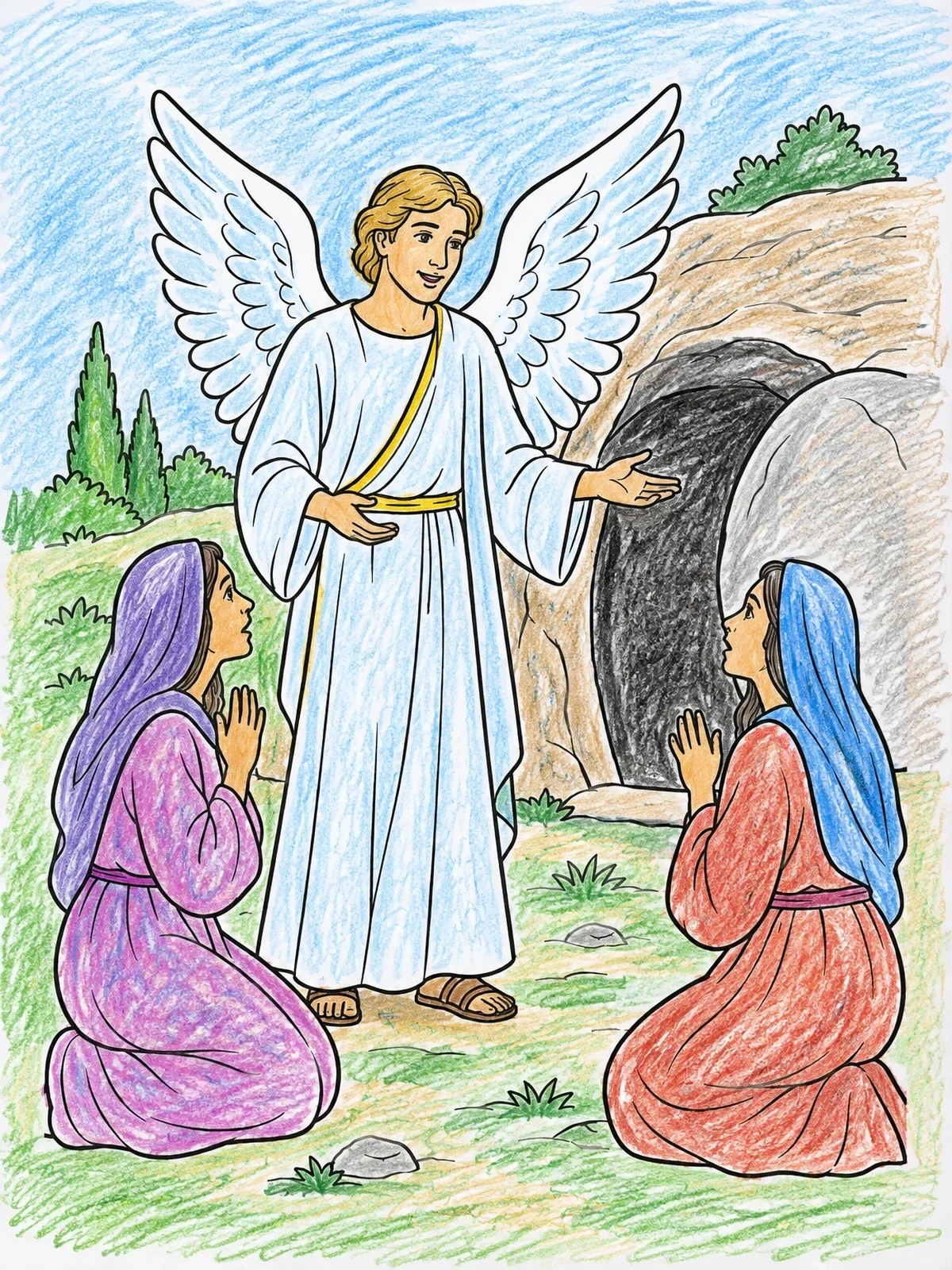 Colored example of the Angel At The Empty Tomb With Two Women coloring page